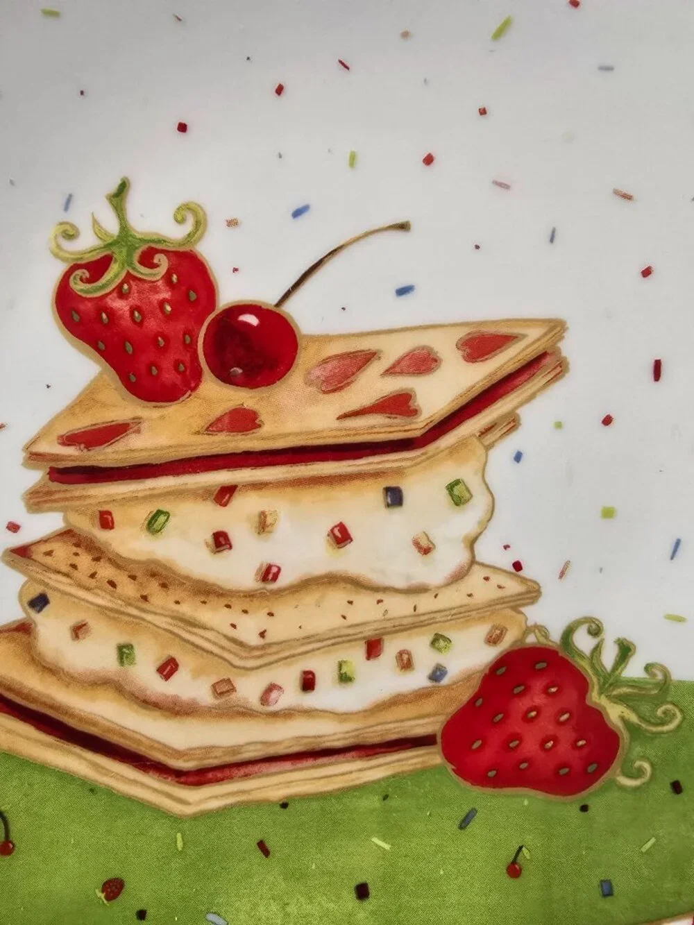 222 Fifth Sweet Confetti Plate Square Strawberry Shortcake Dessert Gingham Red